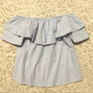 Blue and white striped off-the-shoulder blouse
